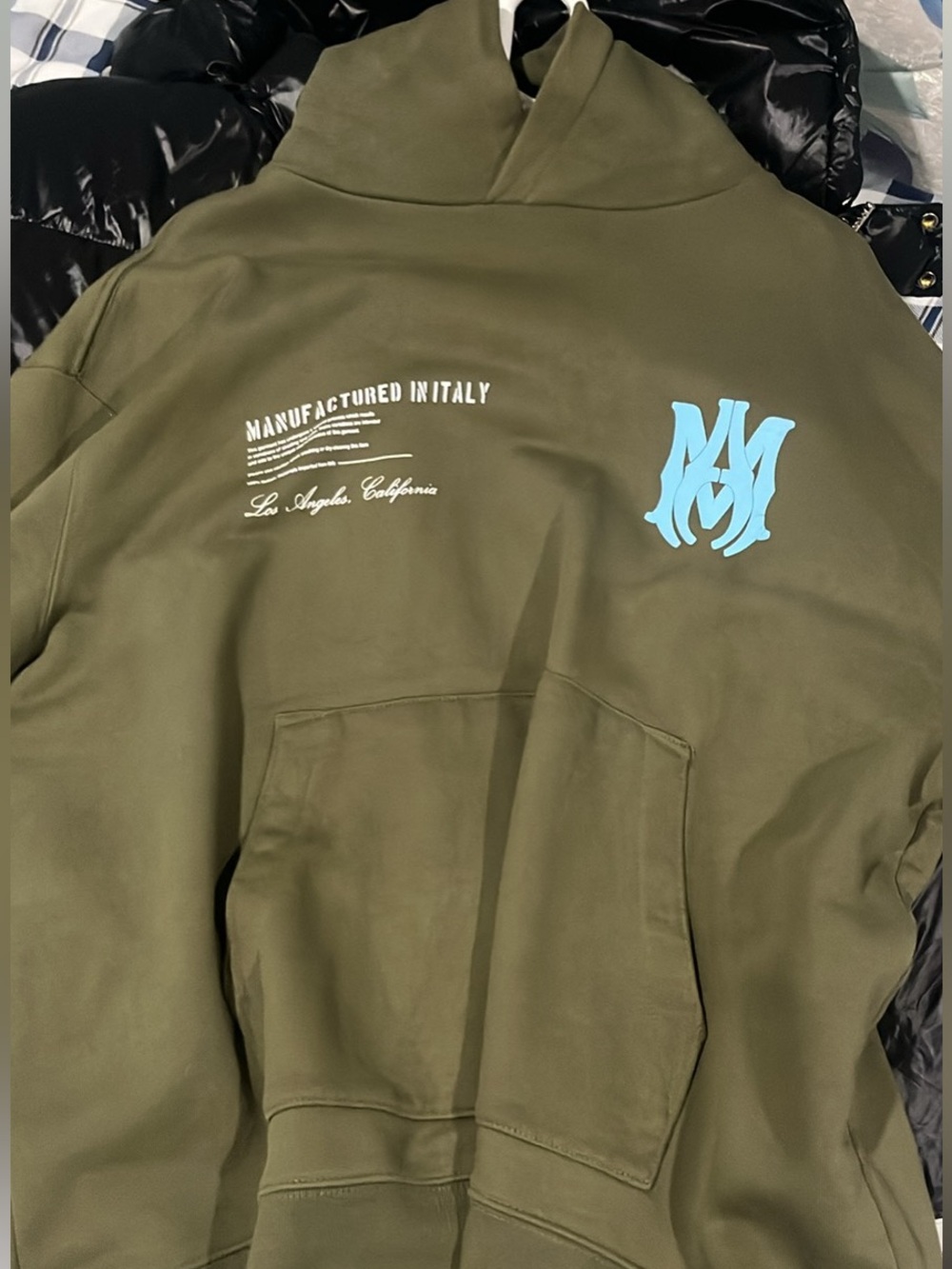 AMIRI Olive Green Hoodie with Sky Blue Logo